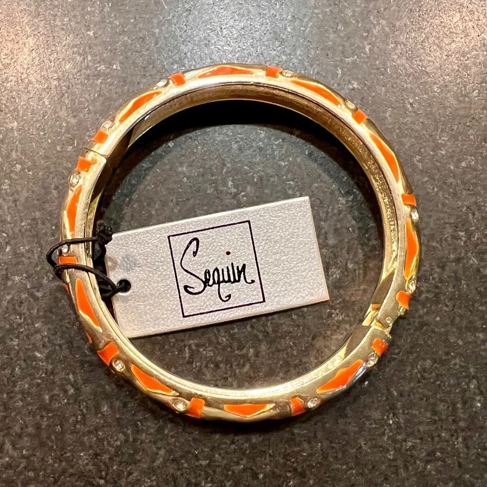 Sequin Orange Enamel and Crystal‎ Hinged Bangle